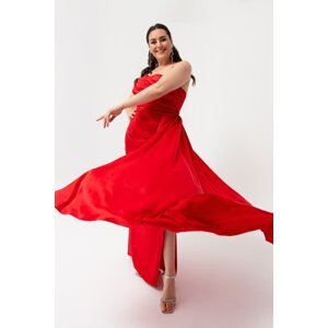 Lafaba Dámské červené saténové večerní šaty a plesové šaty na jedno rameno plus velikosti