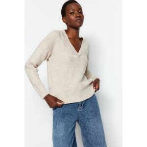 Trendyol béžový měkký texturovaný pletený svetr s výstřihem do V