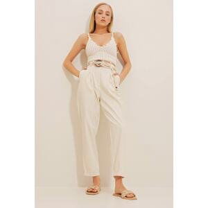 Trend Alaçatı Stili Women's Cream Belted Dart Woven Trousers