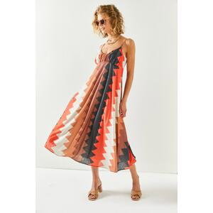 Olalook Dámské oranžové páskové vzorované midi šaty