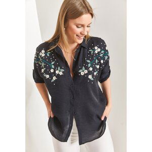 Bianco Lucci Women's Daisy Embroidered Sleeve Fold Ayrobin Linen Shirt