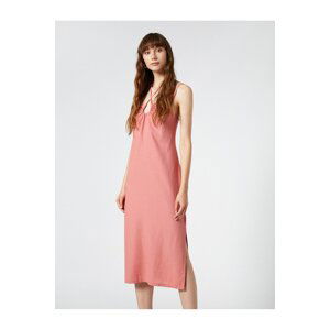 Koton Strapless Dress Halter Neck Bead Detailed Linen Blended