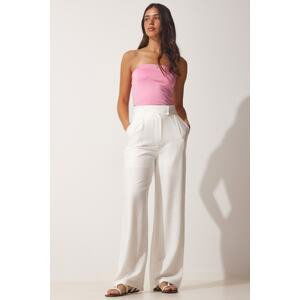 Happiness İstanbul Women's White Velcro Closure Loose Linen Trousers