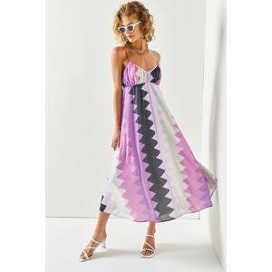 Olalook Women's Purple Strap Patterned Midi Dress