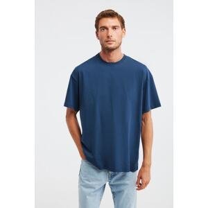 GRIMELANGE Jett Pánské oversize tričko ze 100% bavlny se silnou texturou v námořnické modré barvě