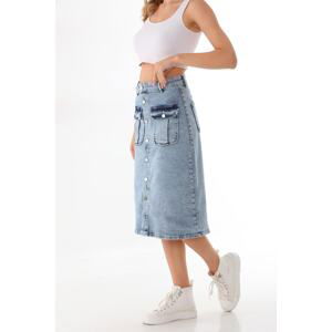 BİKELİFE Blue Cargo Pocket Detailed High Waist Button Denim Skirt