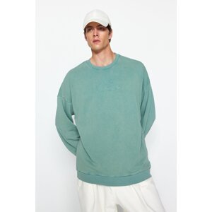 Trendyol Green Oversize/Wide-Fit Wear/Faded Effect Text Embroidery Cotton Sweatshirt