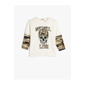 Koton T-Shirt Skull Print Camouflage Detail Long Sleeve Crew Neck Cotton