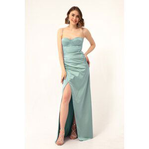 Lafaba Women's Mint Green Long Satin Evening Dress with Stone Straps and a Slit