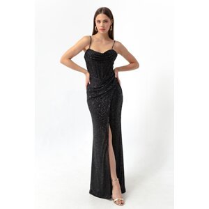 Lafaba Women's Black Underwire Corset Detailed Sequined Slit Long Evening Dress