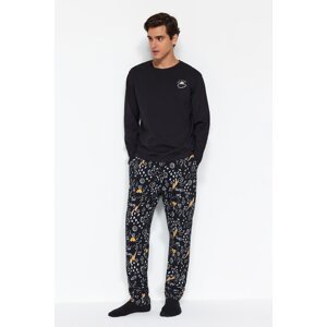 Trendyol Black Regular Fit Embroidered Knitted Pajamas Set
