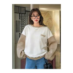 Know Women's White Enough Printed Beige Sleeve Detail Oversize Sweatshirt