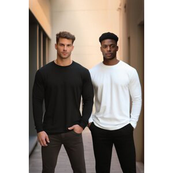 Trendyol Black-White Men's 2-Pack 100% Cotton Long Sleeve Regular/Normal Fit Basic T-Shirt