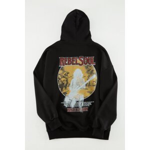 Trendyol Black Oversize/Wide-Fit Hooded Rock Music Printed Thick Sweatshirt