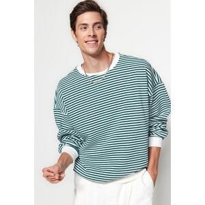 Trendyol Green Oversize/Wide Cut Striped Fleece Inside Cotton Sweatshirt