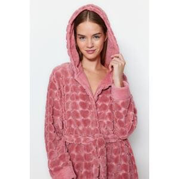 Trendyol Pink Belted Heart Pattern Fleece Knitted Dressing Gown
