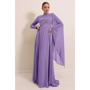 By Saygı Shoulder And Waist Bead Detailed Lined Chiffon Long Hijab Dress Lilac