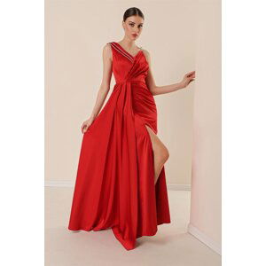 By Saygı Double-layered Collar, Lined with Stones and a slit in the Front, Handkerchief Long Satin Dress Red