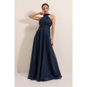 By Saygı Barbell Neck Lined Glittery Long Dress Navy Blue