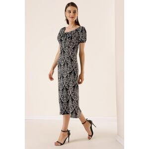 By Saygı Kilim Patterned Short Sleeve Elastic Front Slit Seeer Dress Black