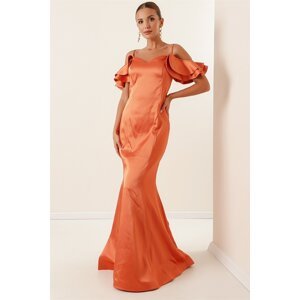 By Saygı Lined Long Satin Dress Orange with Rope Strap Low Sleeve Laced Back
