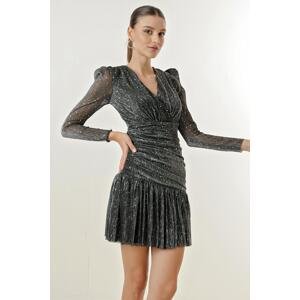 By Saygı Double Breasted Neck Lined Sequin Silvery Tulle Dress