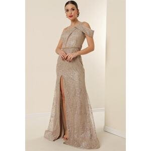 By Saygı One Side Rope Strap Waist Beaded Lined Sequin Embroidered Long Mermaid Dress With Front Slit Beige