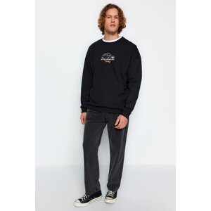 Trendyol Black Oversize/Wide Cut Crew Neck Long Sleeve Car Print Sweatshirt