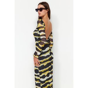 Trendyol Yellow Printed Special Textured Tulle Fitted Back Detail Maxi Elastic Knitted Dress