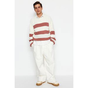 Trendyol Dried Rose Men's Oversize Fit Wide Fit Crew Neck Striped Knitwear Sweater