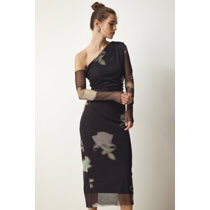 Happiness İstanbul Women's Black One-Shoulder Patterned Chiffon Dress