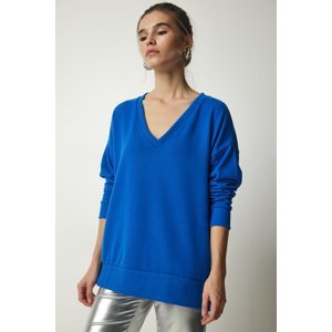 Štěstí İstanbul Dámský kobaltově modrý načechraný pletený svetr s výstřihem do V