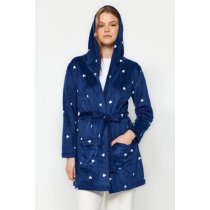 Trendyol Navy Blue Belted Heart Pattern Pocket and Hood Detail Fleece Knitted Dressing Gown