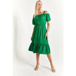 armonika Women's Dark Green Elastic Waist Strap Dress