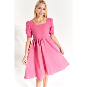 armonika Women's Fuchsia Front Back Square Neckline Watermelon Sleeve Midi Length Dress