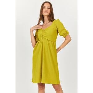 armonika Women's Oil Green Front Gathered Sleeve Elastic Midi Length Dress