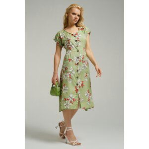 armonika Women's Light Green Patterned V-Neck Buttoned Midi Length Dress