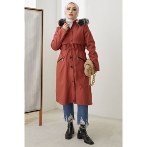 InStyle Coat with Leather Detail and Fur Inside with Zipper Pocket - Tile