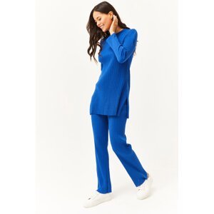 Olalook Women's Saxe Blue Top Slit Blouse Bottom Palazzo Ribbed Suit