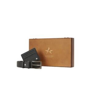 ALTINYILDIZ CLASSICS Men's Black Special Wooden Gift Boxed Belt - Card Holder Accessory Set Groom's Pack