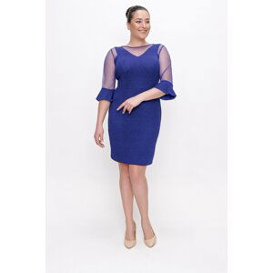 By Saygı Plus Size Lurex Dress with Tulle Detail on Sleeves and Collar and Flounce on Sleeves