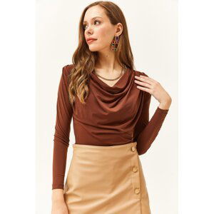 Olalook Women's Bitter Brown Waistband Pleated Turndown Collar Blouse