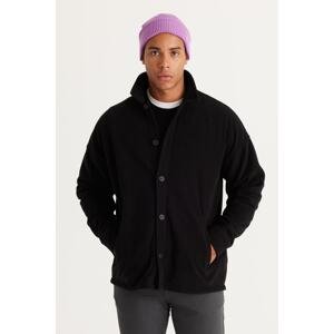 AC&Co / Altınyıldız Classics Men's Black Oversized Loose Fit Classic Collar Anti-Pilling Winter Comfortable Fleece Shirt.