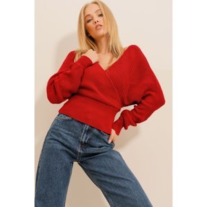 Trend Alaçatı Stili Women's Dark Red Front Back V-Neck Double Breasted Sweater