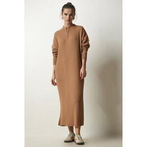 Happiness İstanbul Women's Biscuit Ribbed Oversize Knitwear Dress