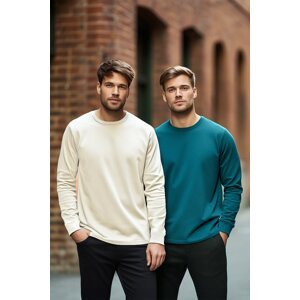 Trendyol Petrol-Ecru Men's 2-Pack 100% Cotton Long Sleeve Regular/Normal Fit Basic T-Shirt