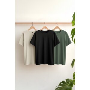 Trendyol Black-Stone-Dark Green Men's Basic Slim/Slim Fit 100% Cotton 3-Pack T-Shirt