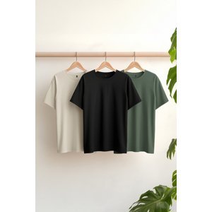Trendyol Black-Beige-Dark Green Men's Basic Slim/Slim Fit 100% Cotton 3-Pack T-Shirt