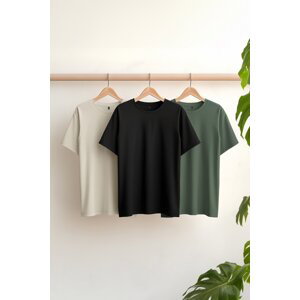 Trendyol Black-Stone-Dark Green Basic Slim/Slim Fit 100% Cotton 3 Pack T-Shirt