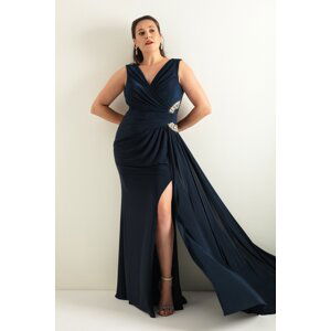 Lafaba Women's Navy Blue Side Stone Plus Size Long Evening Dress